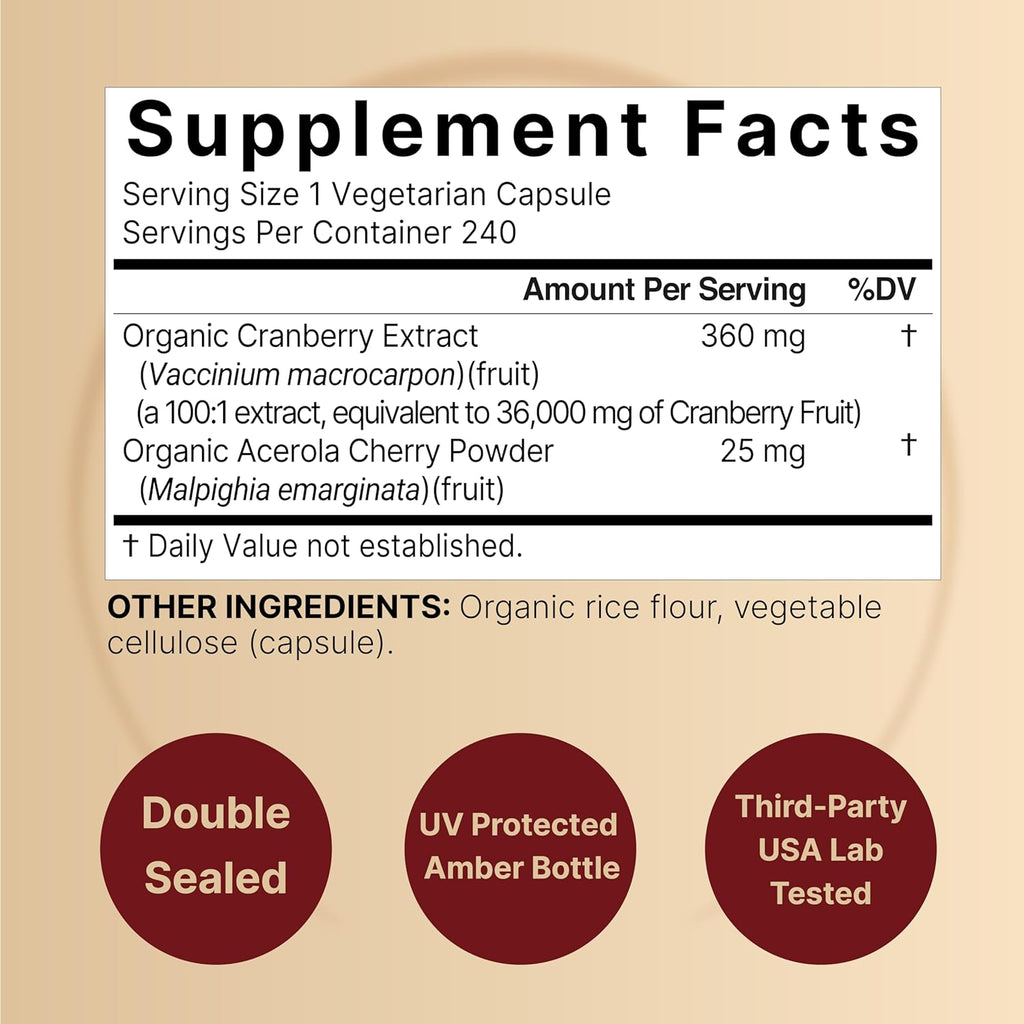 NatureBell 2 Pack Cranberry Pills 36,000mg with Acerola, 480 Total Veggie Capsules | 100:1 Fresh Cranberries Extract – Organic Ingredients – Supports Urinary Tract Health – Sugar Free
