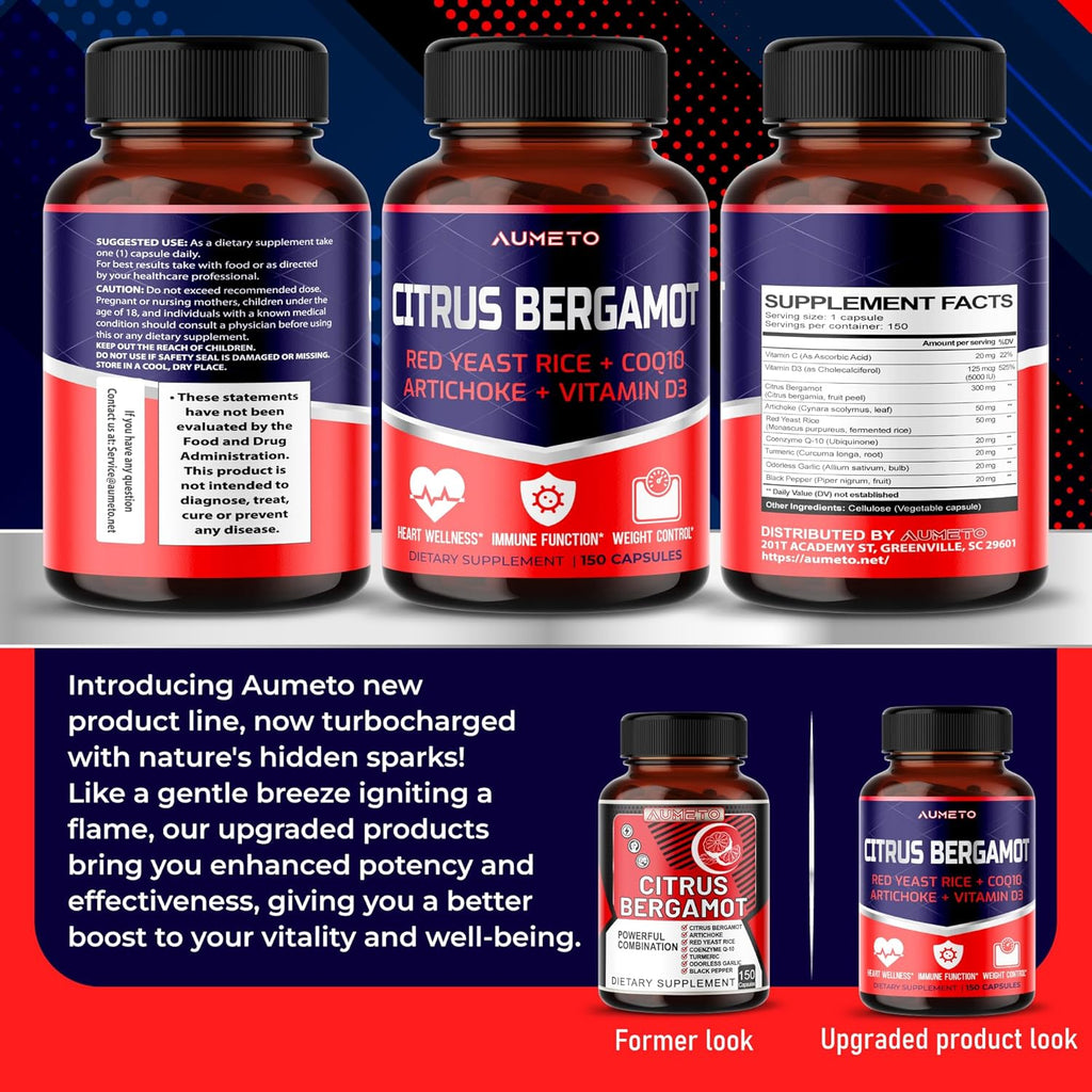 Citrus Bergamot Supplement with Red Yeast Rice, CoQ10, Artichoke, Vitamin D3 - Support Overall Circulation Wellness and Immune System (150 Count (Pack of 1))