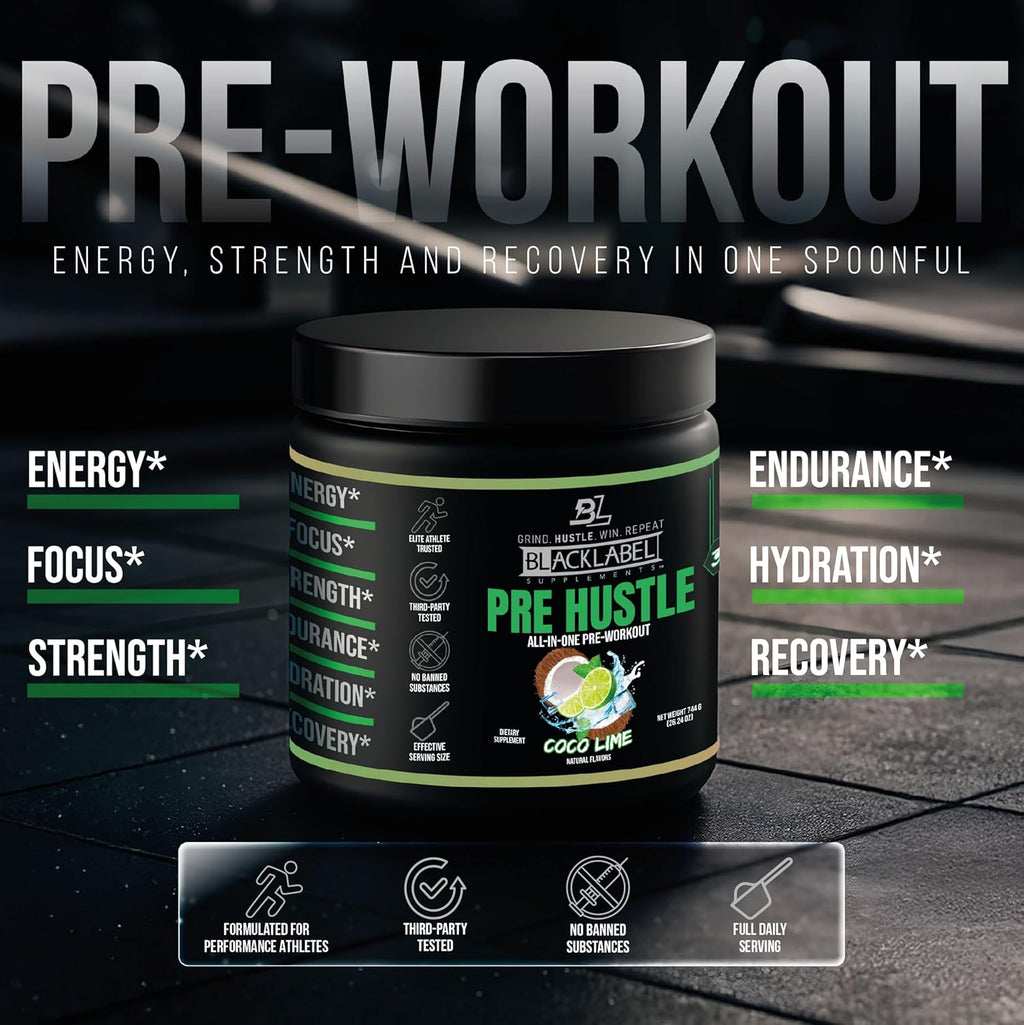 BLACKLABEL Supplements PRE Hustle V3 Pre-Workout Powder – NSF Certified for Sport – Energy, Strength & Endurance Support – Coconut Lime Flavor – with Creatine & Caffeine – 30 Servings