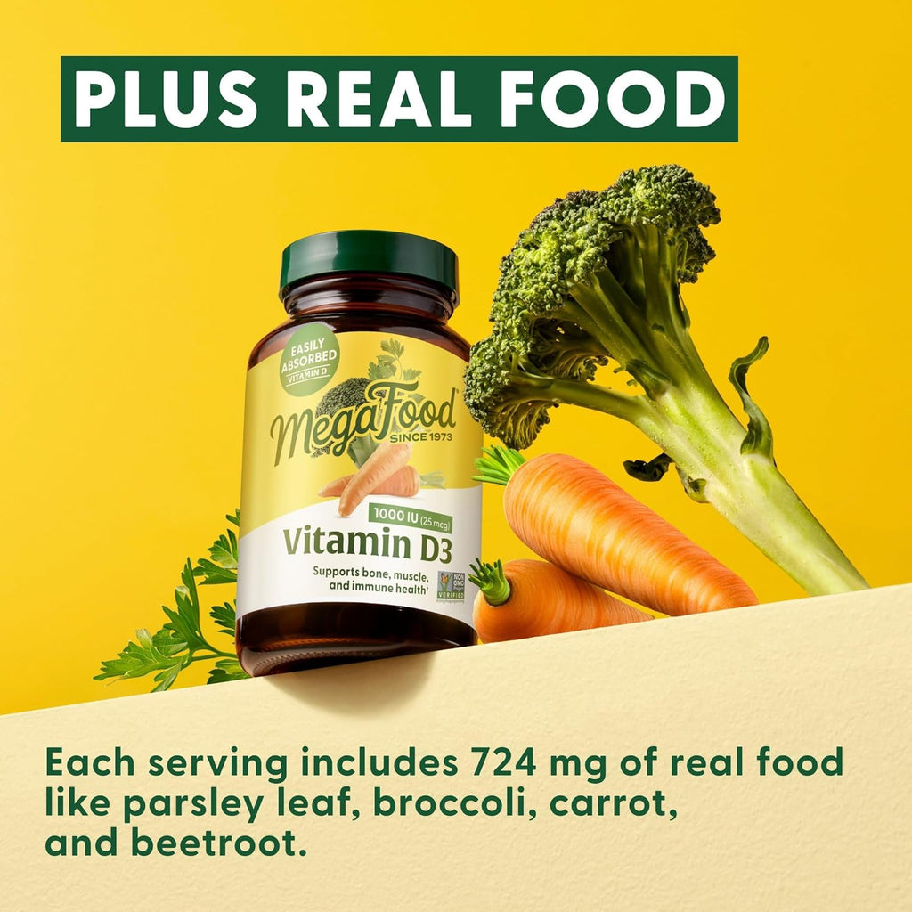 MegaFood Vitamin D3 1000 IU (25 mcg) - Vitamin D Supplements with Real Food, Immune Support, Supports Bones, Teeth & Muscles, Vegetarian, Gluten-Free, Non-GMO, Kosher – 60 Tablets, 60 Servings