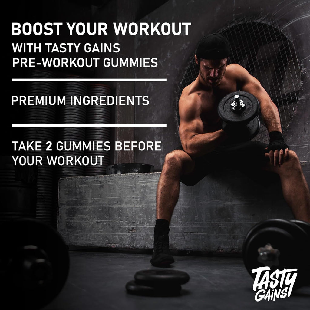 TASTY GAINS - Pre-Workout Gummies – Energy & Focus Boost, Caffeine Gummies for Men & Women, 200mg of Caffeine, Fat-Burning Preworkout for Strength & Endurance, Pineapple Mango Flavor, 60 Count