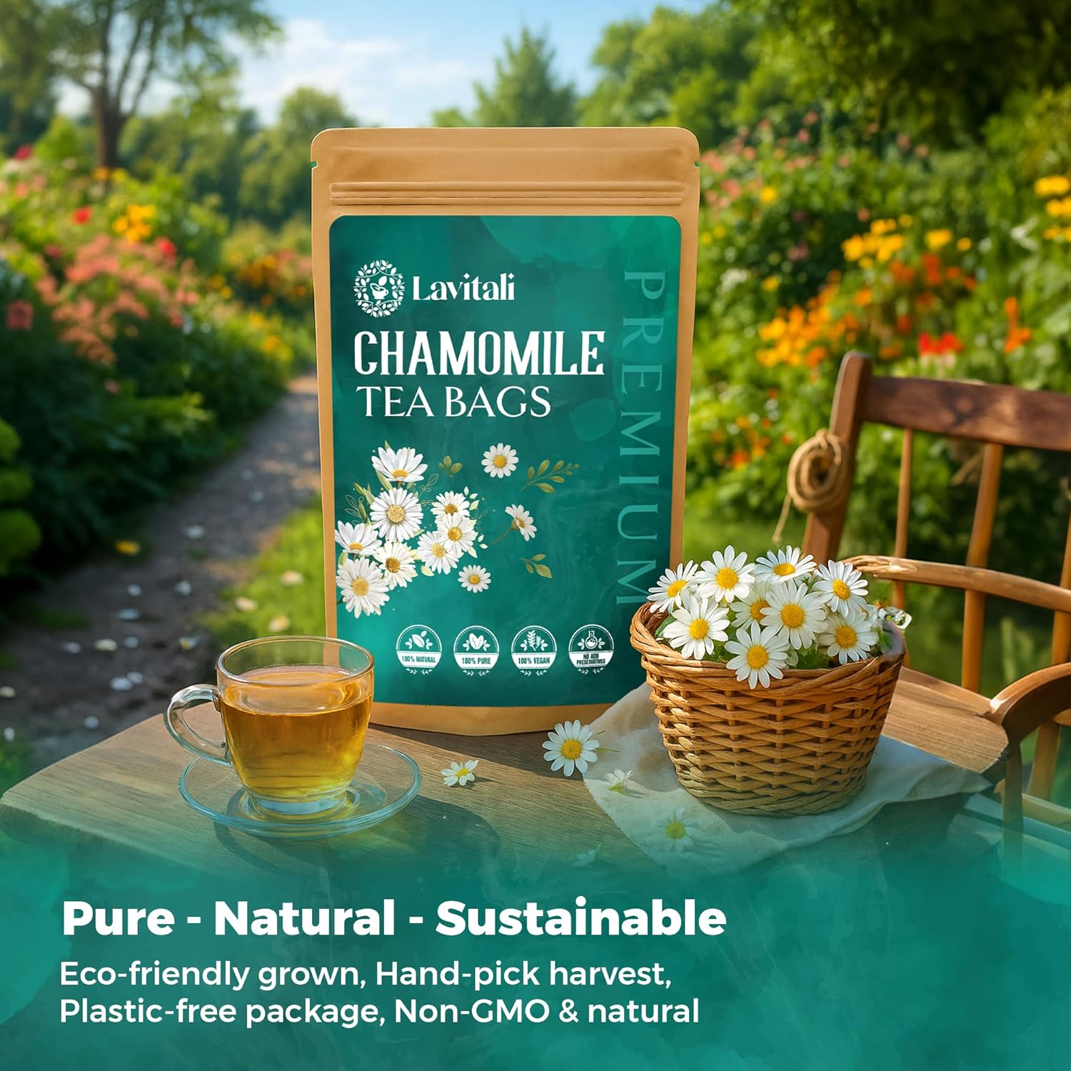 Lavitali, Chamomile Flower Tea| 60 bags, 100% Pure Herbal Tea | Caffeine-Free, Antioxidant-Rich, Eco-Friendly Filter Bag | Daily Natural Botanical, Hot or Iced Floral Infusion