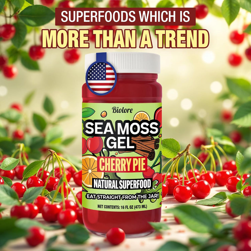 Biolore Cherry Pie Sea Moss Gel 16 oz - No Added Sugar, Vegan, Made in USA - Wildcrafted Sea Moss Superfood with 92 Essential Vitamins - Ready to Use, No Prep Needed