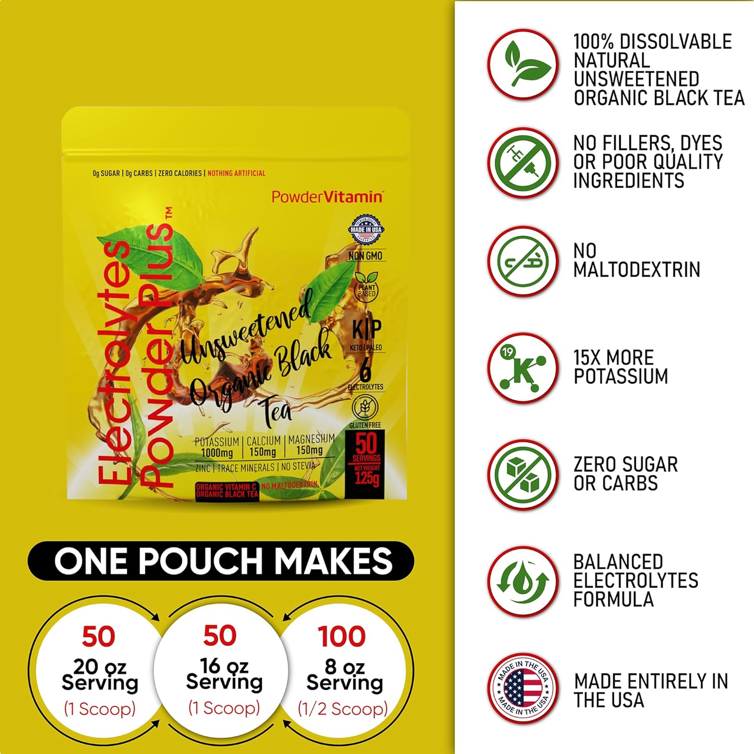 PowderVitamin Electrolytes Powder Plus (50 Servings) Unsweetened Black Tea Electrolyte Powder Keto,SugarFree, Pink Himalayan Salt,1000mgPotassium,150mgCalcium,150mgMagnesium,Hydration Powder NO STEVIA