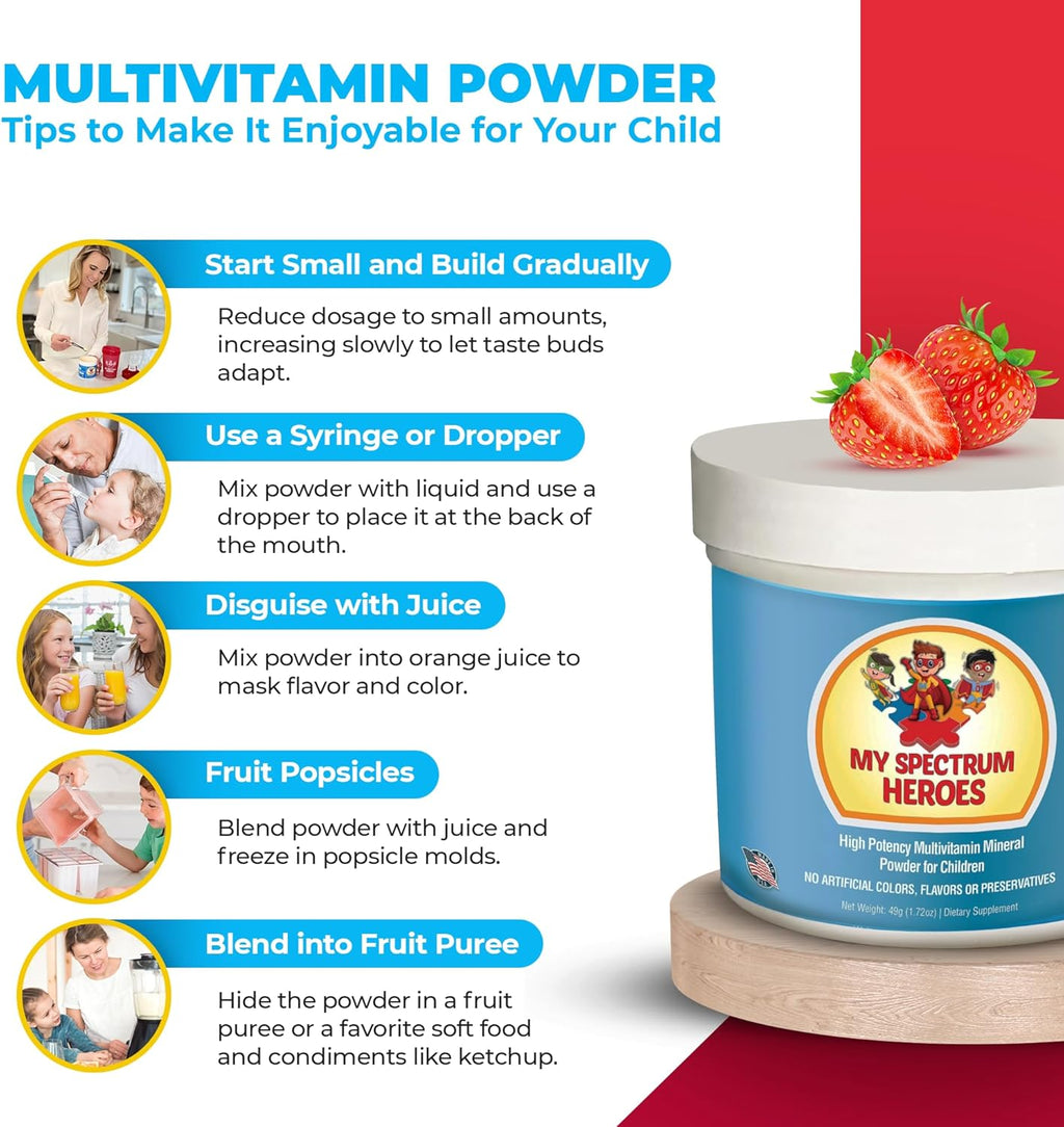 Kids Powder Multivitamin - Strawberry Powder Supplement, Better Absorption, Non-GMO, Non-Gluten, No Artificial Ingredients - Neural Help for Children on The Spectrum - 30 Servings