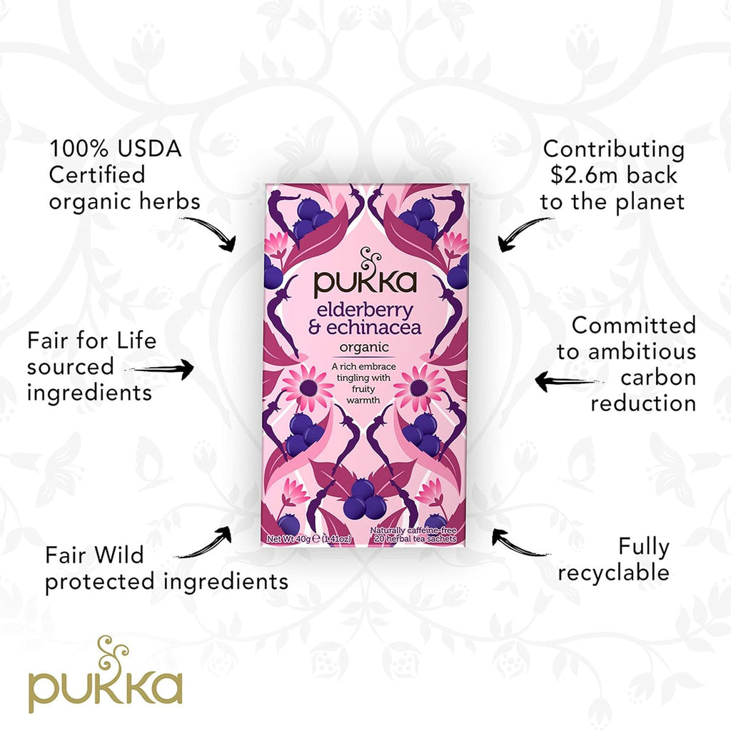 Pukka Elderberry & Echinacea Organic Herbal Tea, Perfect for Wellness Support, Caffeine Free, 20 Total Tea Bags