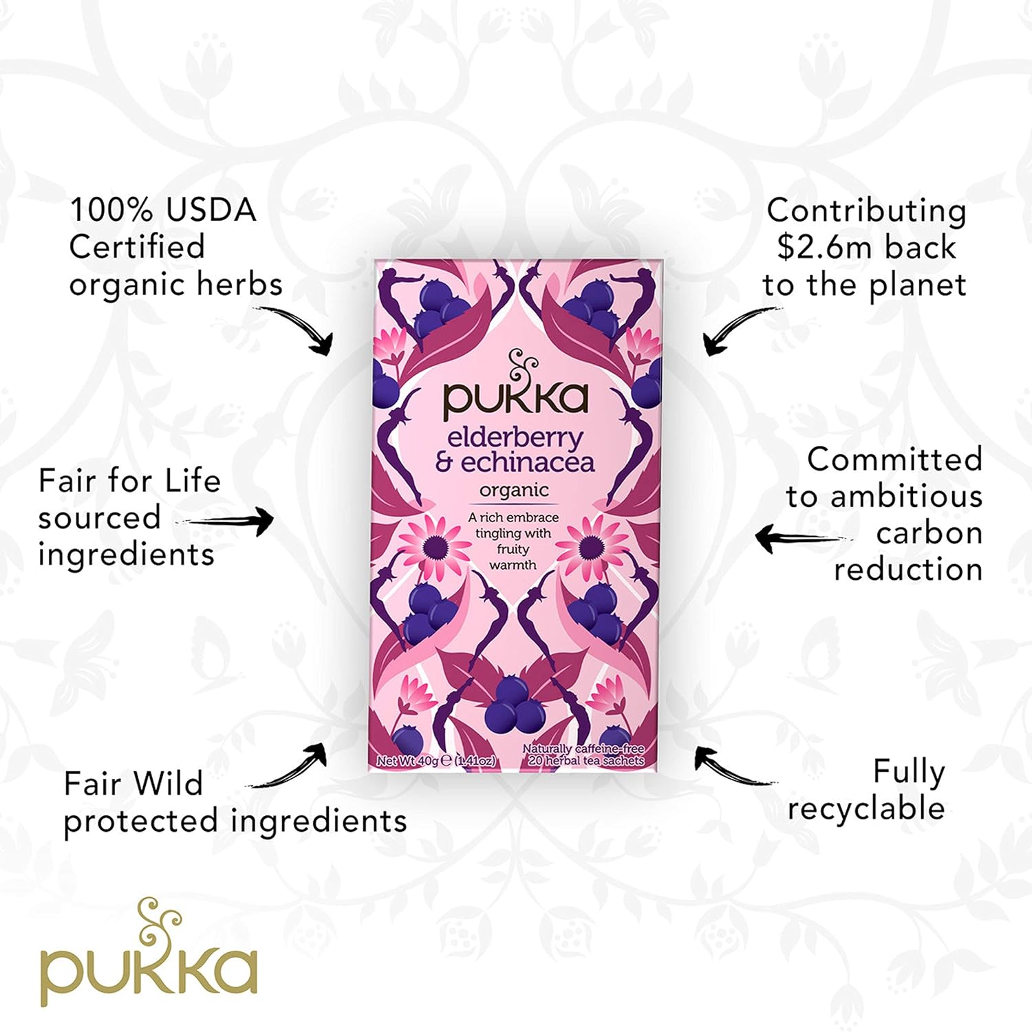 Pukka Elderberry & Echinacea Organic Herbal Tea, Perfect for Wellness Support, Caffeine Free, 20 Total Tea Bags (Pack of 2)
