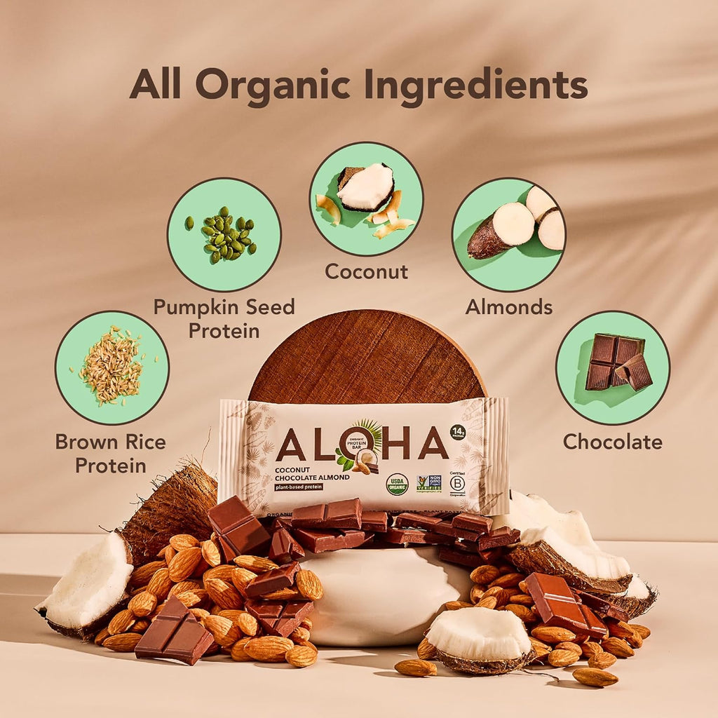 ALOHA Organic Plant Based Protein Bars - Chocolate Coconut Almond, Vegan, Low Sugar, Gluten-Free, Low Carb, Non-GMO, No Stevia, No Erythritol - 12 Count (Pack of 1)