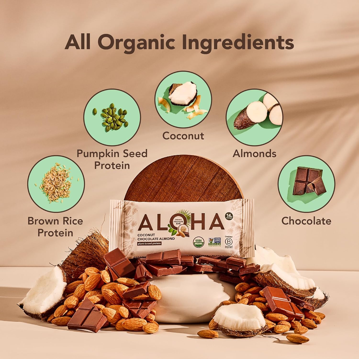 ALOHA Organic Plant Based Protein Bars - Chocolate Coconut Almond, Vegan, Low Sugar, Gluten-Free, Low Carb, Non-GMO, No Stevia, No Erythritol - 12 Count (Pack of 1)