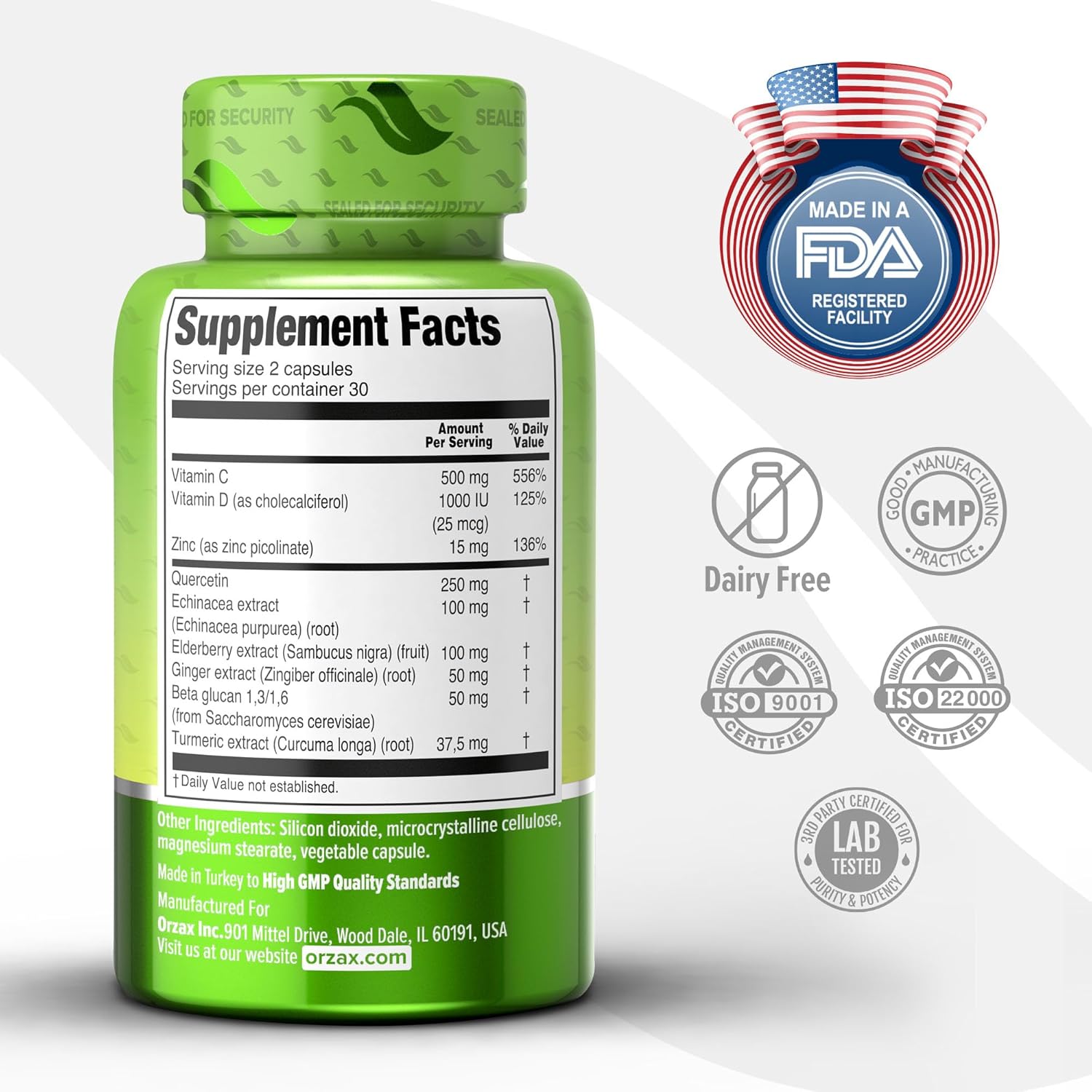 ORZAX 9 in 1 Immune Defense Booster Herbal Supplement, Specialized High Strength Formula - Vitamin C & D, Zinc, Quercetin, Turmeric & Ginger, Echinacea - Non-GMO - 60 Veggie Capsules - 30 Day Supply
