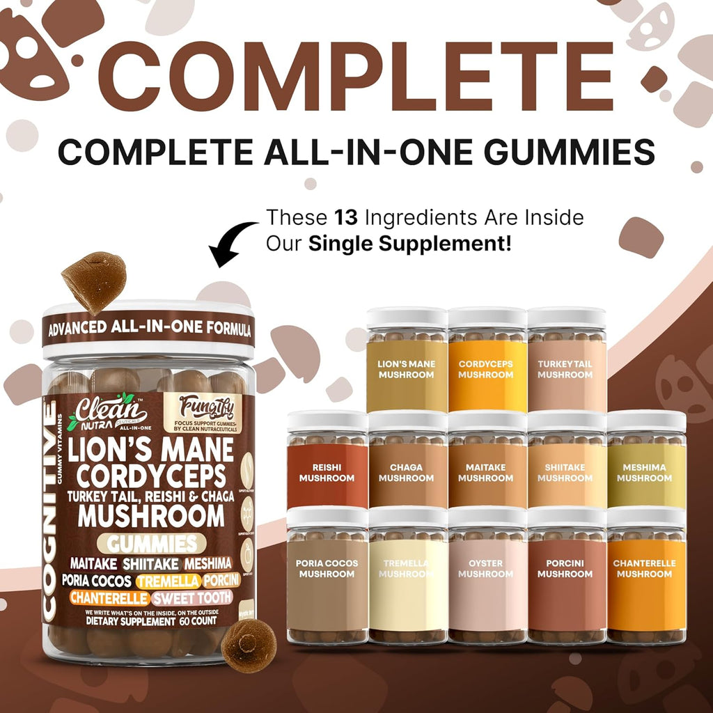 Clean Nutra Lions Mane Lion's Mane Mushroom Gummies Cordyceps Supplement for Memory and Focus Immune Support Vitamins Reishi Chaga Turkey Tail Mushrooms Gummy Shiitake Maitake Meshima Supplements