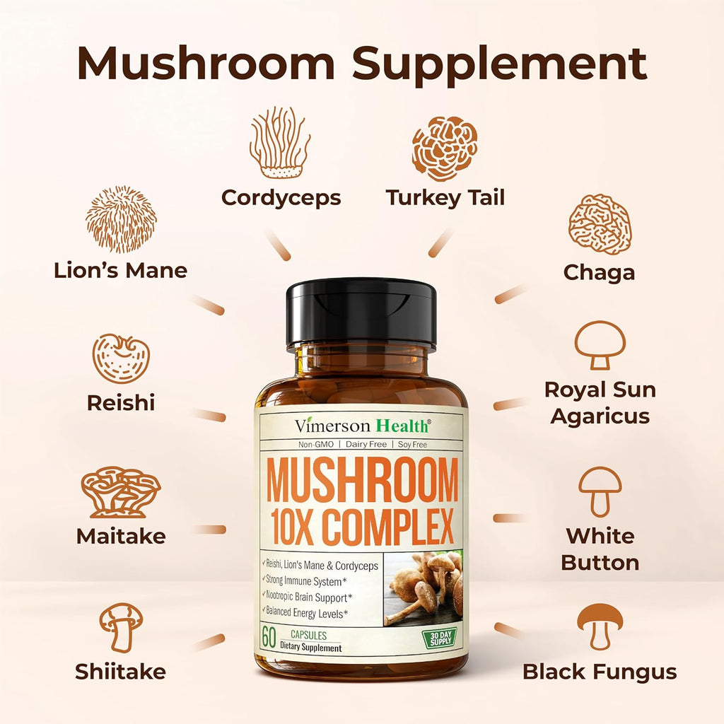 Potent Mushroom Complex with Turkey Tail, Lions Mane Extract, Shiitake Mushrooms, Reishi, Cordyceps, Maitake, Chaga & More – 10-in-1 Mushroom Supplement for Mental Clarity, Natural Energy & Focus