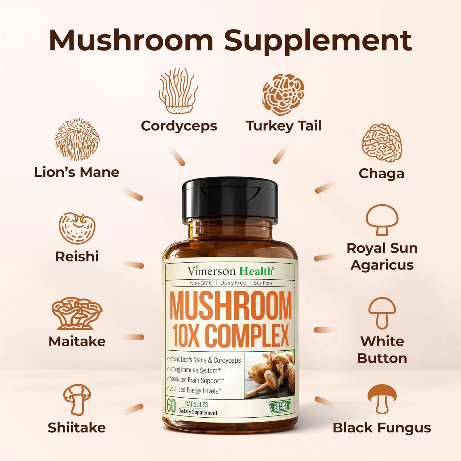 Potent Mushroom Complex with Turkey Tail, Lions Mane Extract, Shiitake Mushrooms, Reishi, Cordyceps, Maitake, Chaga & More – 10-in-1 Mushroom Supplement for Mental Clarity, Natural Energy & Focus