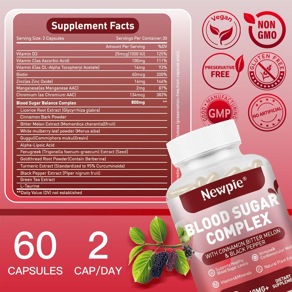 Blood Sugar Complex Supplement – Supports Healthy Blood Sugar in Normal Range, Natural with 20 Active Ingredients Including Cinnamon and Bitter Melon, Non-GMO, 60 Capsules (1)