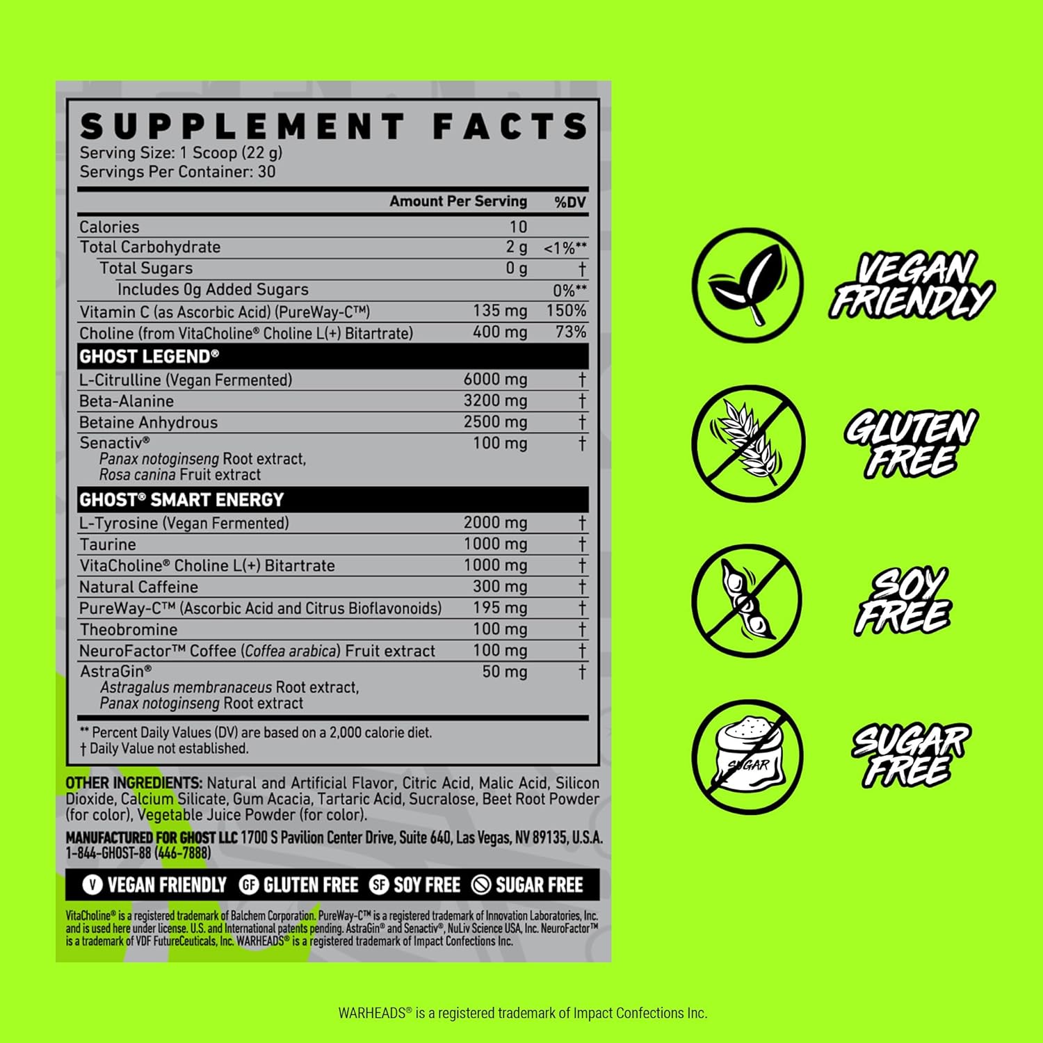 GHOST Legend Pre-Workout Powder, Warheads Sour Watermelon - 30 Servings – Pre-Workout for Men & Women with Choline, L-Citrulline, & Beta Alanine for Energy & Focus