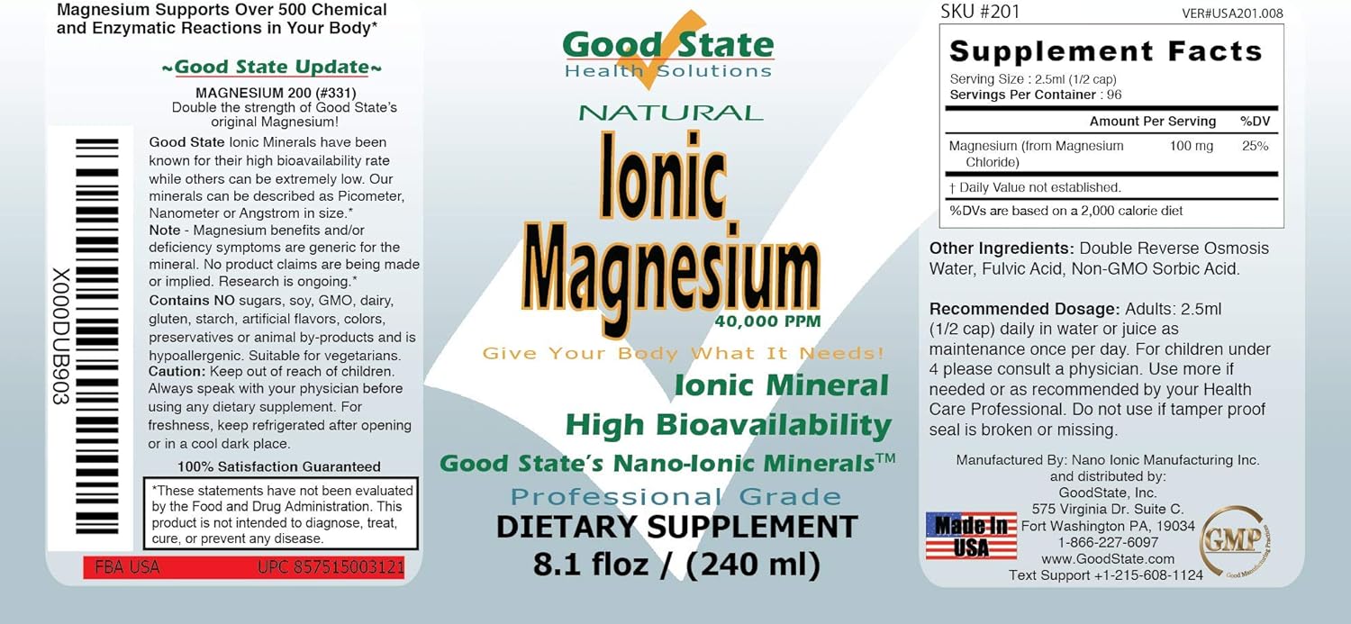 Good State Ionic Magnesium 8 oz - Natural - Nano Sized Mineral Technology - Professional Grade - Supports Healthy Chemical & Enzymes Reactions - 96 Servings (8.1 fl oz)