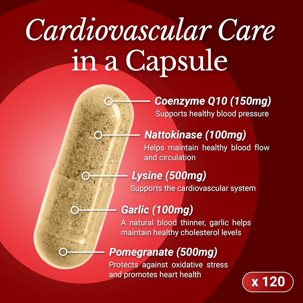 CoQ10 Cardiovascular Supplement 150mg – Coenzyme Q10, Nattokinase, Pomegranate, Garlic & Lysine for Blood Cholesterol, Circulation, Heart Plus CoQ10 Supplement for Men & Women, 120 Capsules by Rhoziva