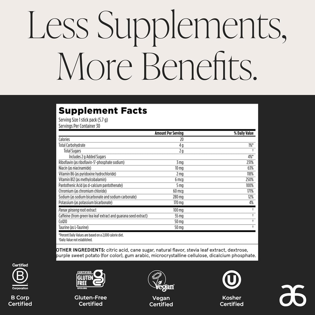 Arbonne Ginseng Energy Supplements - Blackberry Flavor Fizz Sticks, Energy Boost with Caffeine Powder from Guarana and Green Tea, Delicious Alternative to Caffeine Pills