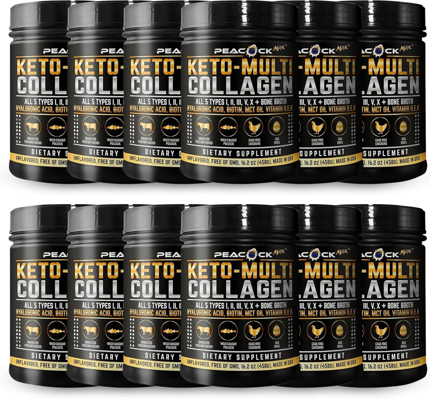 Multi Collagen Protein Powder 16.2 oz (Pack of 12) | 5 Types with Bone Broth, Hydrolyzed Peptides, Biotin & MCT Oil, Unflavored, Supports Skin, Hair, Nails, Joints & Gut Health
