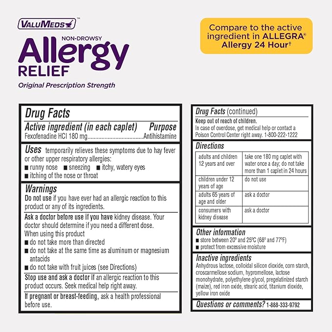 ValuMeds 24-Hour Allergy Relief Fexofenadine Hydrochloride 180mg | Non-Drowsy Antihistamine Generic Medicine for Allergies, Hay Fever, Itchy Eyes for Kids, Adults | Compare to Allegra (45-Count)