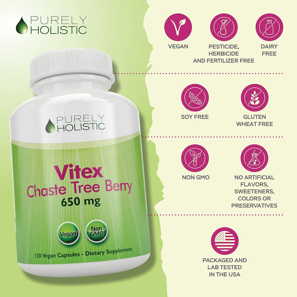 Purely Holistic Chasteberry Vitex Supplement 650mg - 4 Month Supply 120 Vegan Capsules Agnus-Castus Chaste Tree Berry Capsules Supports Normal Hormone Balance for Women