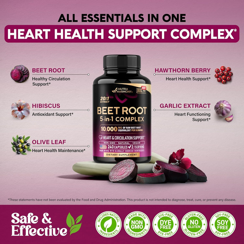 Beet Root Capsules - Healthy Blood Pressure Support Supplement** for Heart & Circulation Support - with Hawthorn Berry, Hibiscus & Garlic - Nitric Oxide for Energy - Made in USA, 240 Capsules