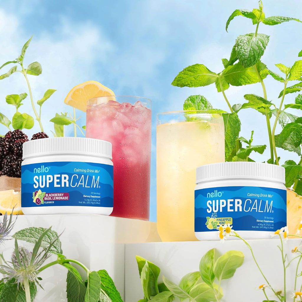 Nello Supercalm Powdered Drink Mix Tub, Cortisol Reducer* and Sleep Aid Supplement, L Theanine, Ksm-66 Ashwagandha, Magnesium Glycinate, Vitamin D 3, No Sugar, Non GMO, 30 Ct, BlackBerry Basil