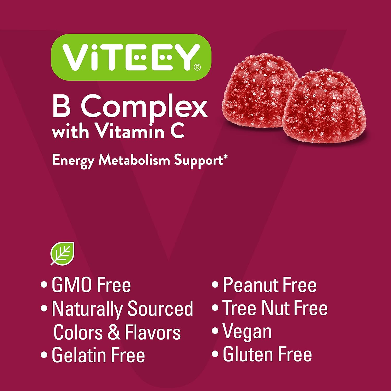 Viteey Vitamin B Complex Gummies with Vitamin C - Energy, Metabolism & Immune Support - B6, B12, Niacin, Folic Acid, Biotin, Calcium - Vegan, Gluten-Free - 60 Count