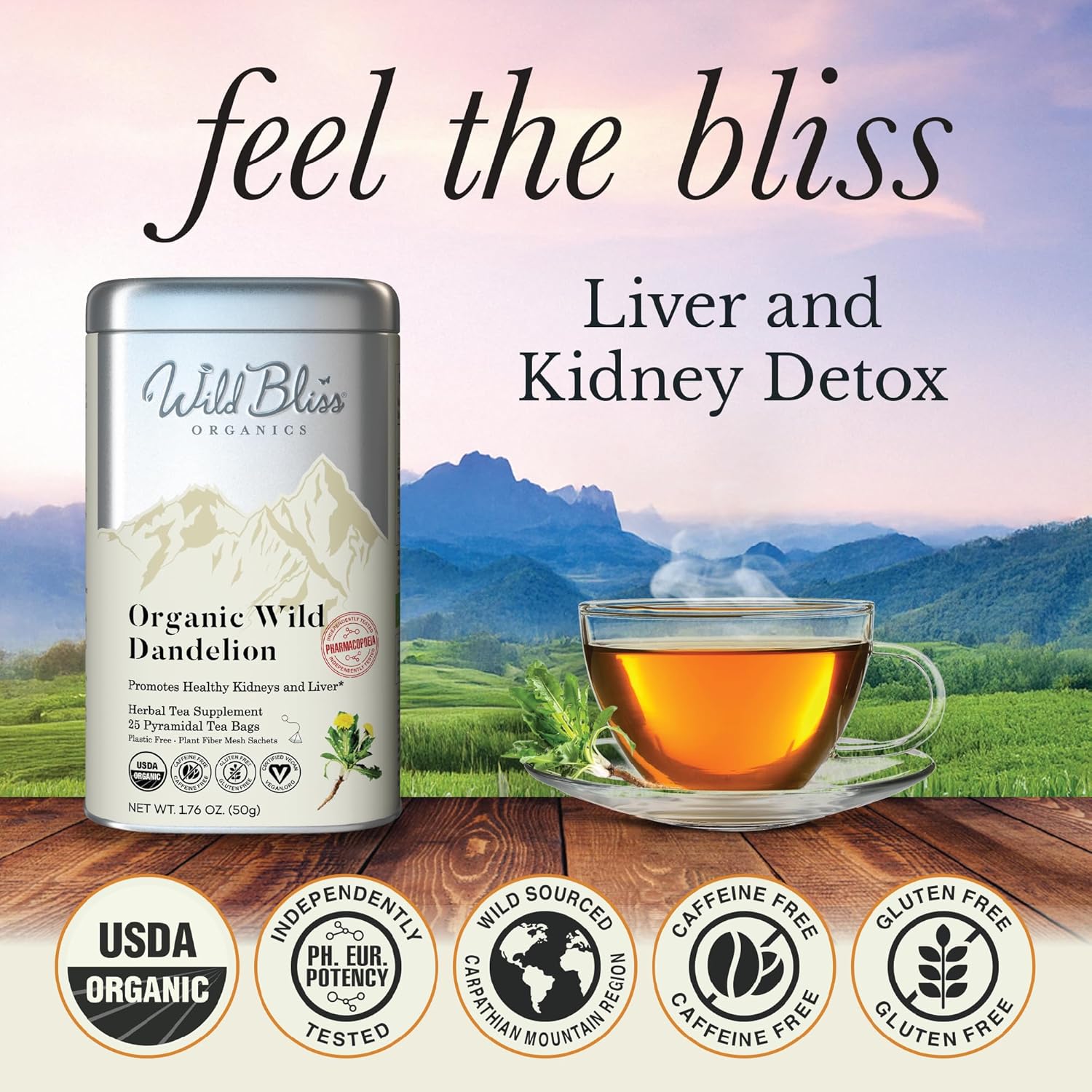 Wild Bliss Organic Wild Raw Dandelion Root Tea - Pharmacopoeia Quality Caffeine Free Herbal Detox Support - 25 Plant Based Tea Bags