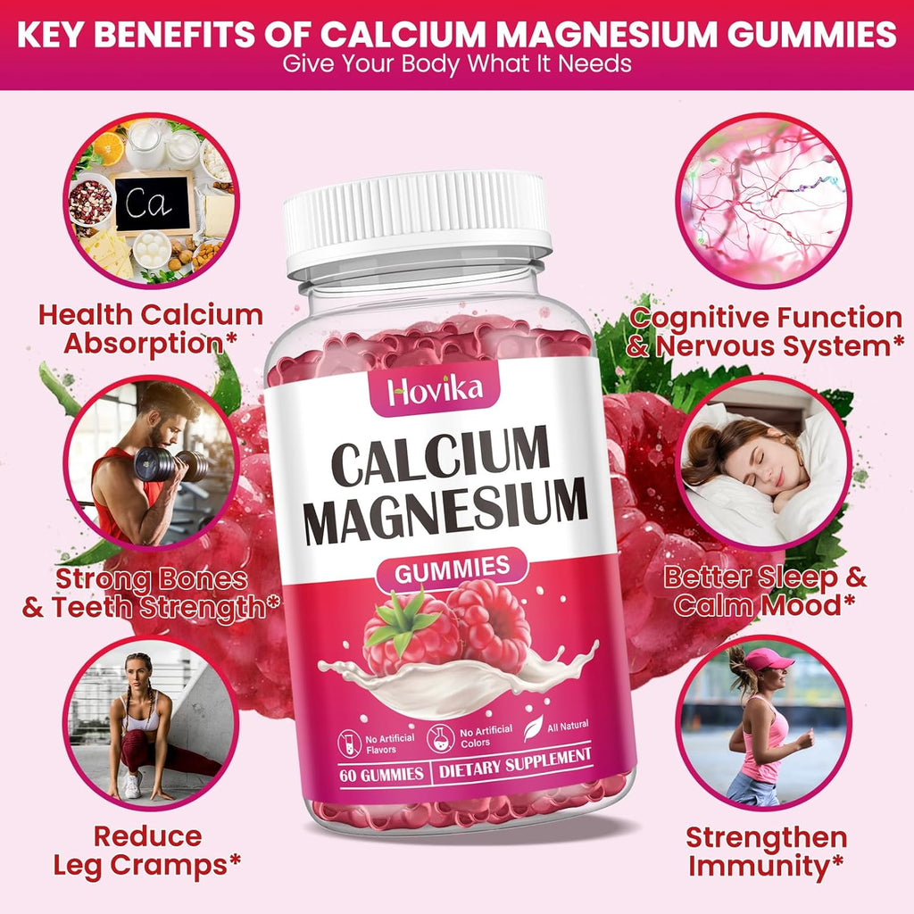 Calcium Magnesium Zinc Gummies, Calcium Magnesium 2:1 Ratio with Vitamin D3, K2, B6, B12 for Bone Strength, Muscle Function & Nerve Health, Extra Absorption Formula, Vegan, Raspberry Flavor 60 Gummies