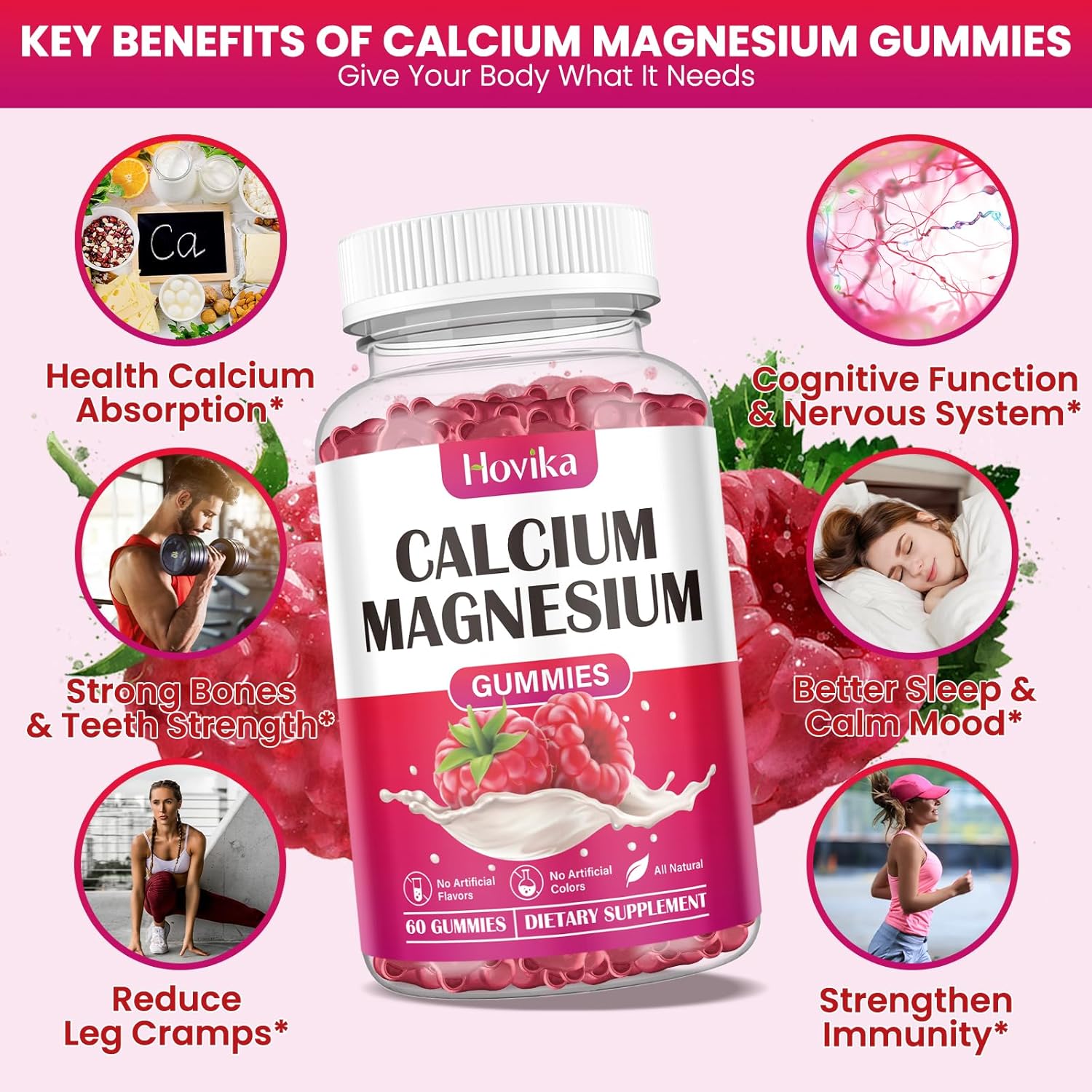 Calcium Magnesium Zinc Gummies, Calcium Magnesium 2:1 Ratio with Vitamin D3, K2, B6, B12 for Bone Strength, Muscle Function & Nerve Health, Extra Absorption Formula, Vegan, Raspberry Flavor 60 Gummies