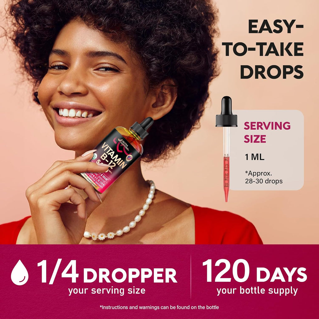 USDA Organic Vitamin B12 Sublingual Drops - 5000 mcg Liquid Vegan Methylcobalamin for Women & Men - Energy Boost, Focus & Mood, Brain Health Support - Maximize Absorption - 4 Month Supply, 4 fl oz
