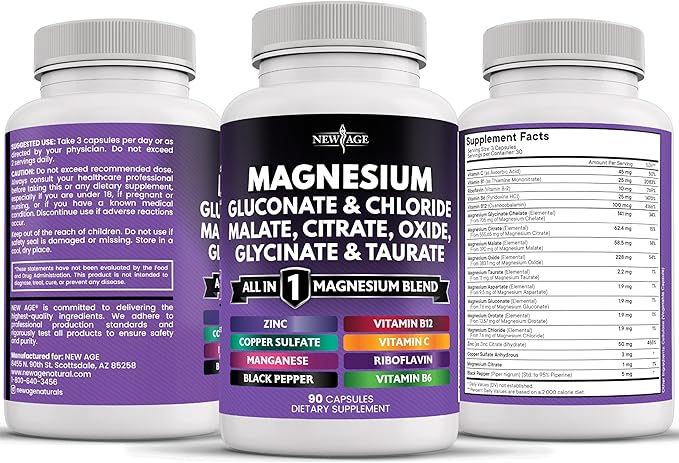 NEW AGE Magnesium Supplement -Powerful Glycinate Citrate Malate Oxide Taurate Aspartate Gluconate Orotate & Mag Chloride Manganese Bone Health and Bone Strength, Joint Support- 270 Count