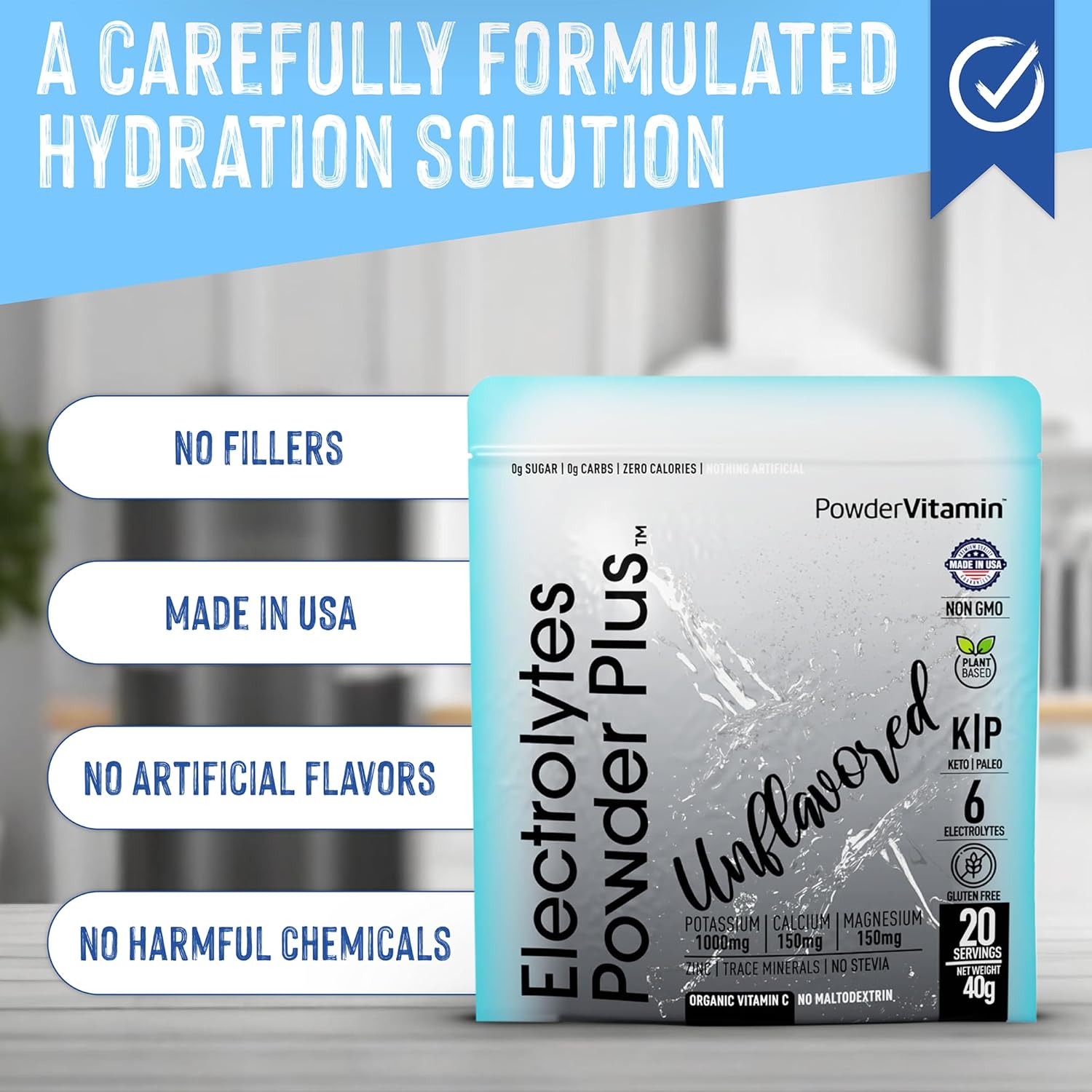 PowderVitamin Electrolytes Powder Plus (20 Servings) Unflavored Electrolyte Powder Keto, Sugar Free, Pink Himalayan Salt.,1000mg Potassium,150mg Calcium,150mg Magnesium, Hydration Powder NO STEVIA