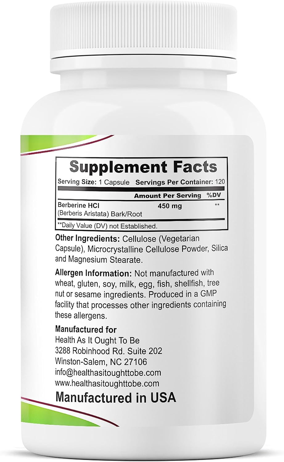 Health As It Ought To Be Fresh Berberine 450mg Supplement | Contains Only Berberine | No Preservatives | 120 Capsules