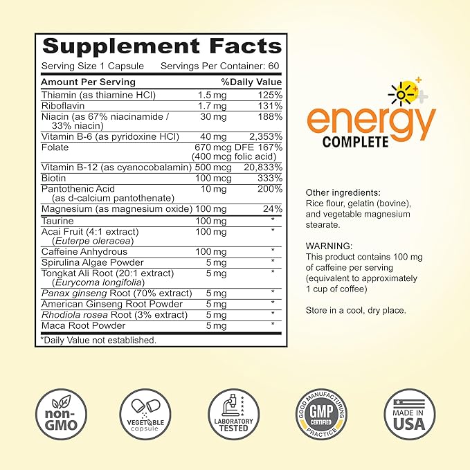 Energy Complete - 18-in-1 Vegan Energy and Focus Supplement - Vegan Caffeine Pills (60 Daily Capsules)