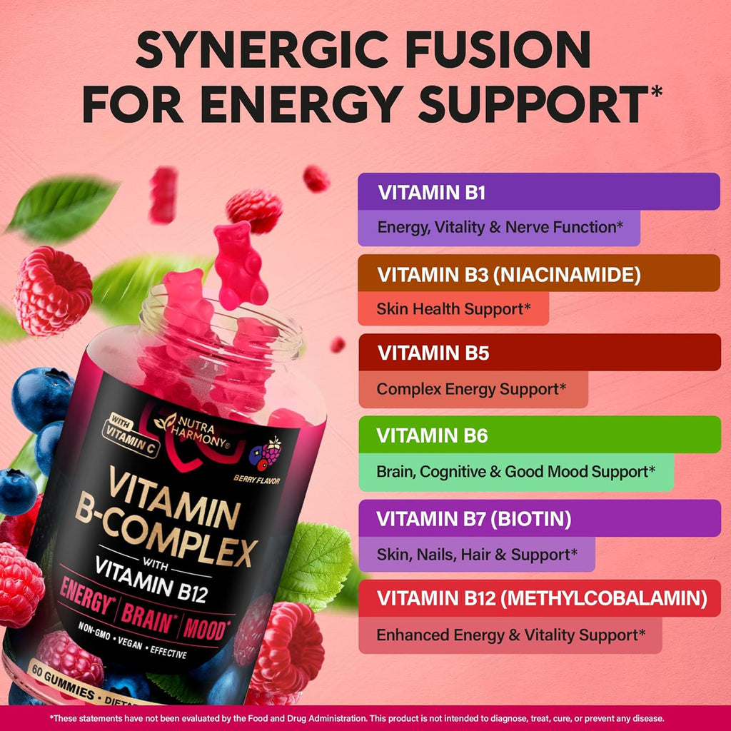 Vitamin B-Complex Gummies for Women & Men - Vitamin B12, B1, B2, B3, B5, B6, B7 & B9 - B Complex with Vitamin C & Choline - Energy, Brain & Mood - Natural Berry Flavor, Vegan - 60 Gummies for 2 Months