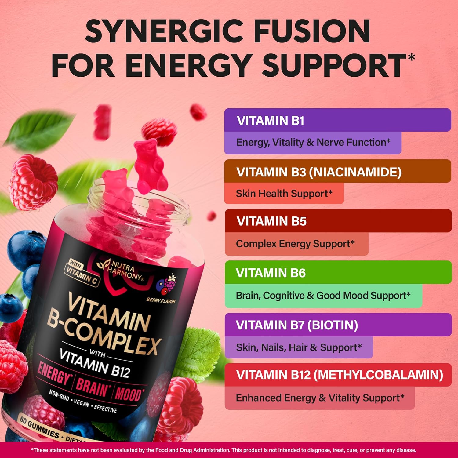 Vitamin B-Complex Gummies for Women & Men - Vitamin B12, B1, B2, B3, B5, B6, B7 & B9 - B Complex with Vitamin C & Choline - Energy, Brain & Mood - Natural Berry Flavor, Vegan - 60 Gummies 2 Pack