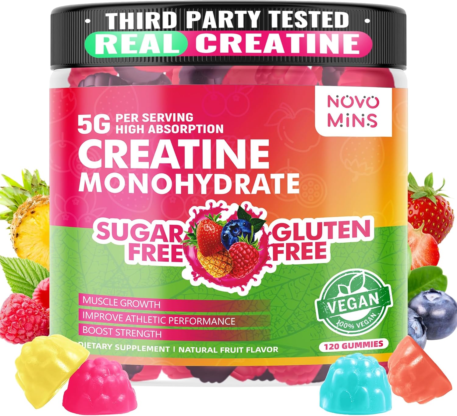 novomins Creatine Monohydrate Gummies 5000mg for Men & Women, Chewables Creatine Monohydrate for Muscle Strength, Muscle Builder, Energy Boost, Pre-Workout Supplement(120 Count)