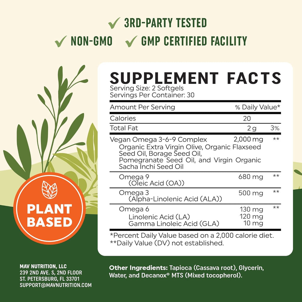 Vegan Omega 3 6 9 Supplements | 2000MG Plant-Based Triple Omega 369 Blend | Heart, Brain, Skin, and Eye Health Support | Vegan Fish Oil Alternative | Essential Fatty Acids Complex | Non-GMO | 60 Ct