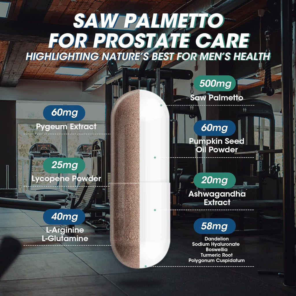 Saw Palmetto for Men 500mg - Prostate Health Supplements for Men DHT Blocker with Pumpkin Seed Oill, Pygeum - Urinary Health and Hair Support, 60 Count