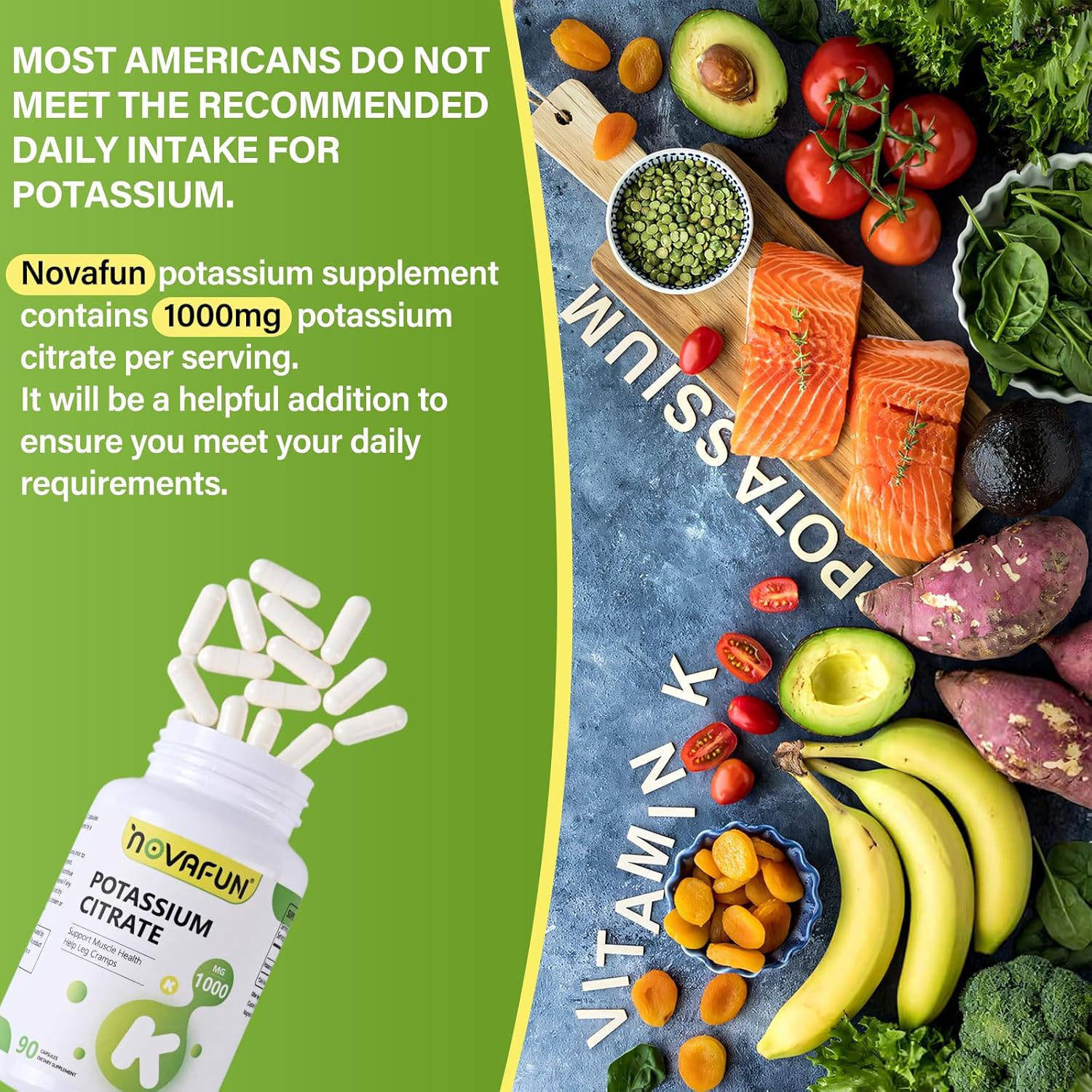 Potassium Citrate 1000mg, Potassium Supplement for Leg Cramps, Muscle & Heart Health, Vegan, Non-GMO, Gluten Free, 90 Capsules