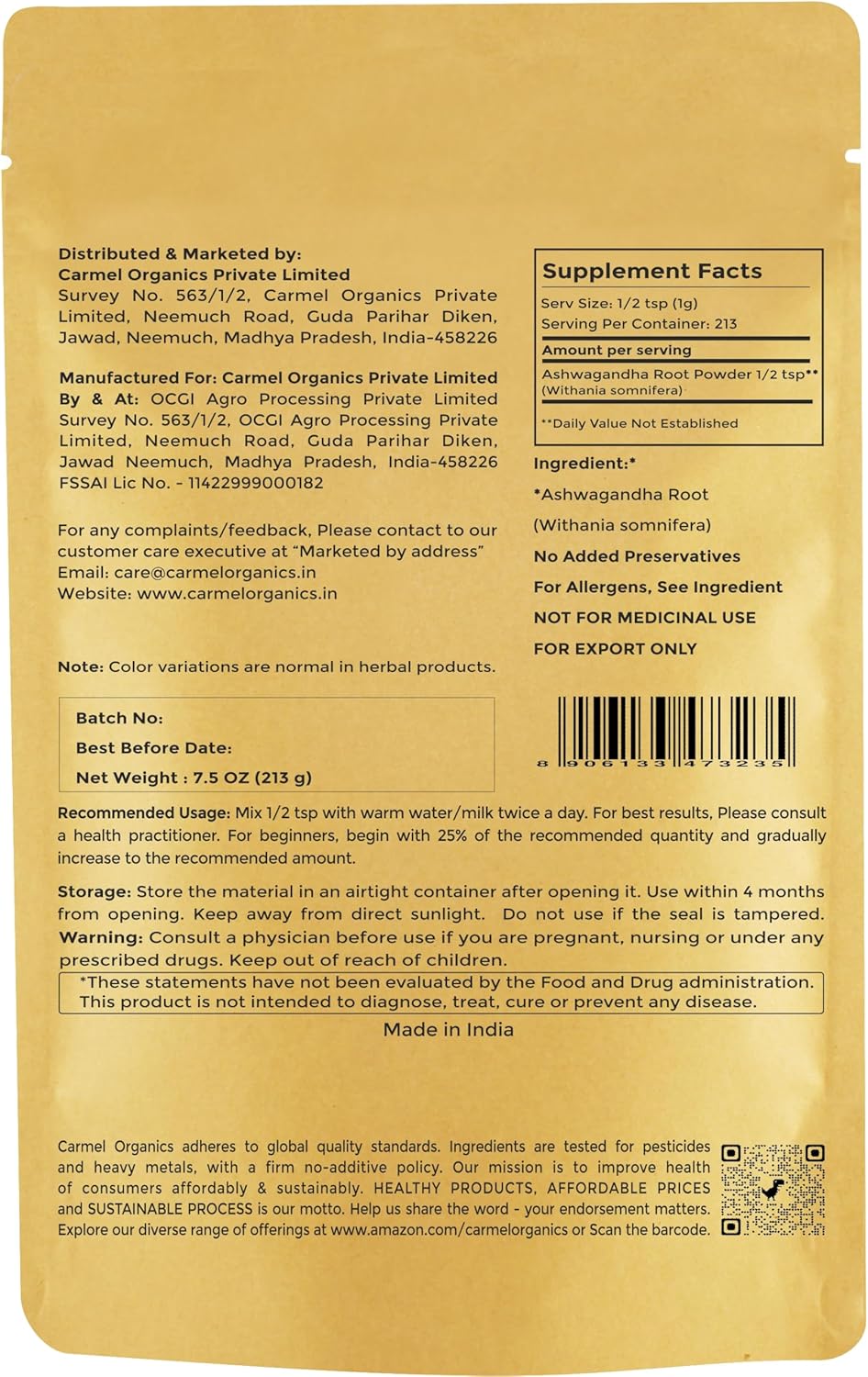 CARMEL ORGANICS Ashwagandha Root Powder 7.5 Ounce, Non GMO & Gluten Free, Natural, Withania Somnifera from India, No Added Presrvatives