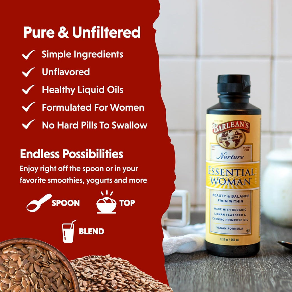 Barlean's Essential Woman Liquid Supplement for Women, Organic Flaxseed and Evening Primrose Oil for Healthy Hair, Nails and Skin, Omega 3 6 9 and GLA, 12 oz