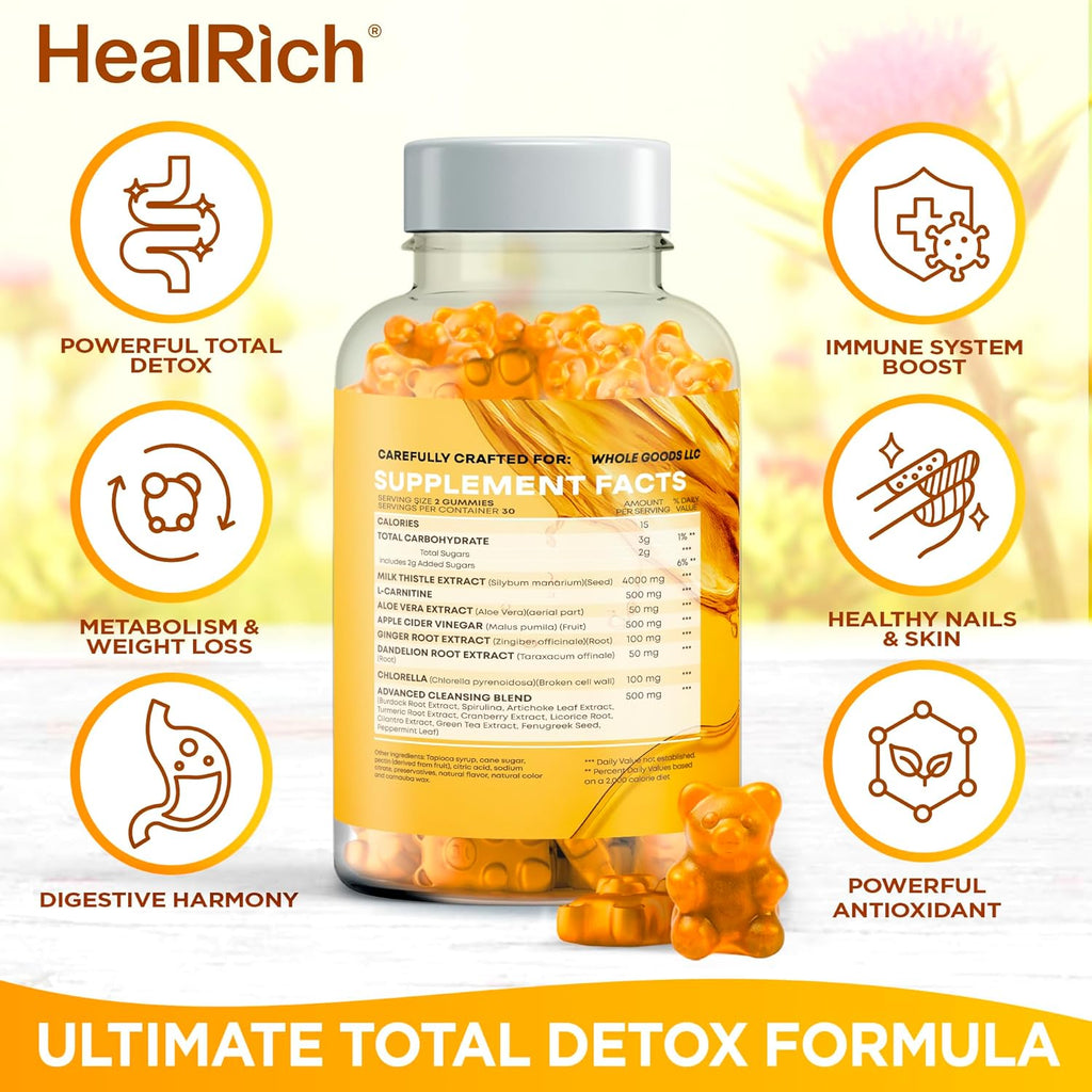 Total Detox Gummies - 4000MG Milk Thistle Extract w L-Carnitine, Apple Cider Vinegar & Ginger Root - Supplement for Liver Cleanse, Support & Repair - Vegan Supplements for Kids & Adults - Made in USA