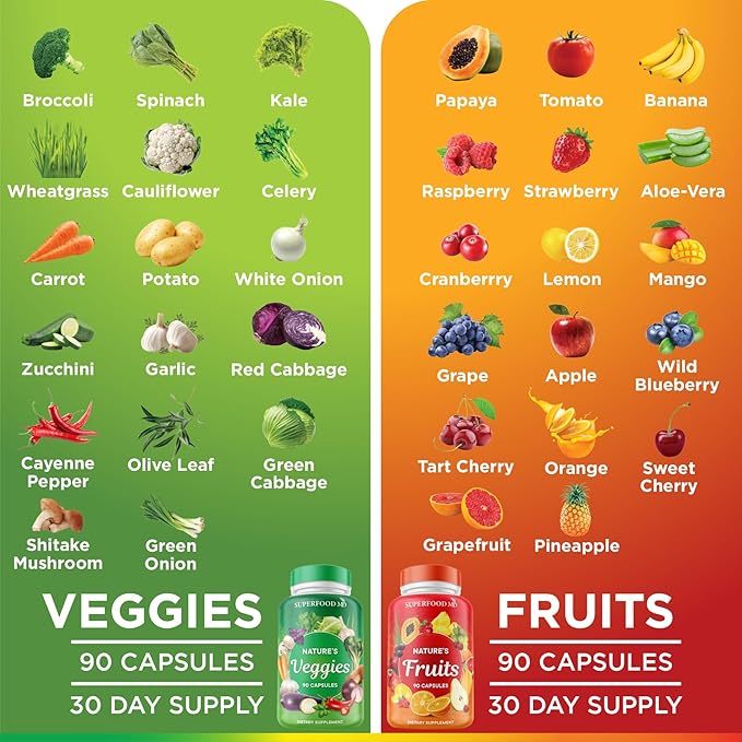 Superfood 180 Fruit and 180 Veggie Capsules - Whole Food Natural Superfoods - Maintain Energy Levels, with Beta Carotene - Soy Free (90 Count (Pack of 4)