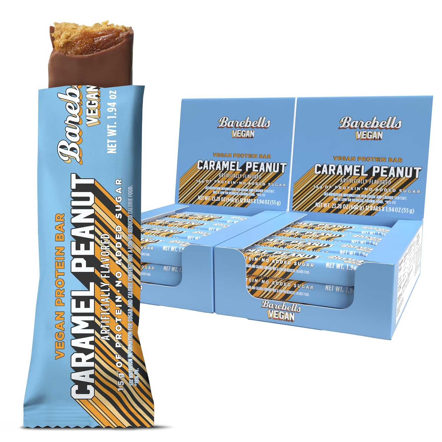 Barebells Plant Based Protein Bars, Peanut Caramel – 24 bars (2 Packs of 12) - 15g of Plant-Based High Protein Treats – Vegan Chocolate Nutrition Bar with 1g Total Sugar - On The Go Breakfast or Post-Workout Snack