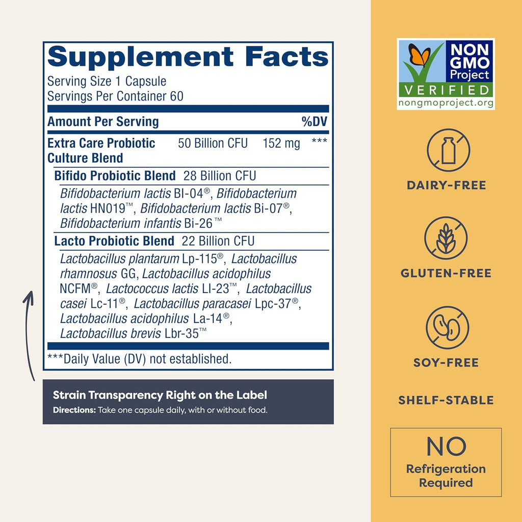 Renew Life Extra Care Digestive Probiotic Capsules, 50 Billion CFU Guaranteed, Daily Supplement Supports Immune, Digestive, Respiratory Health(1), L. Rhamnosus GG, Dairy, Soy and Gluten-Free, 60 Count