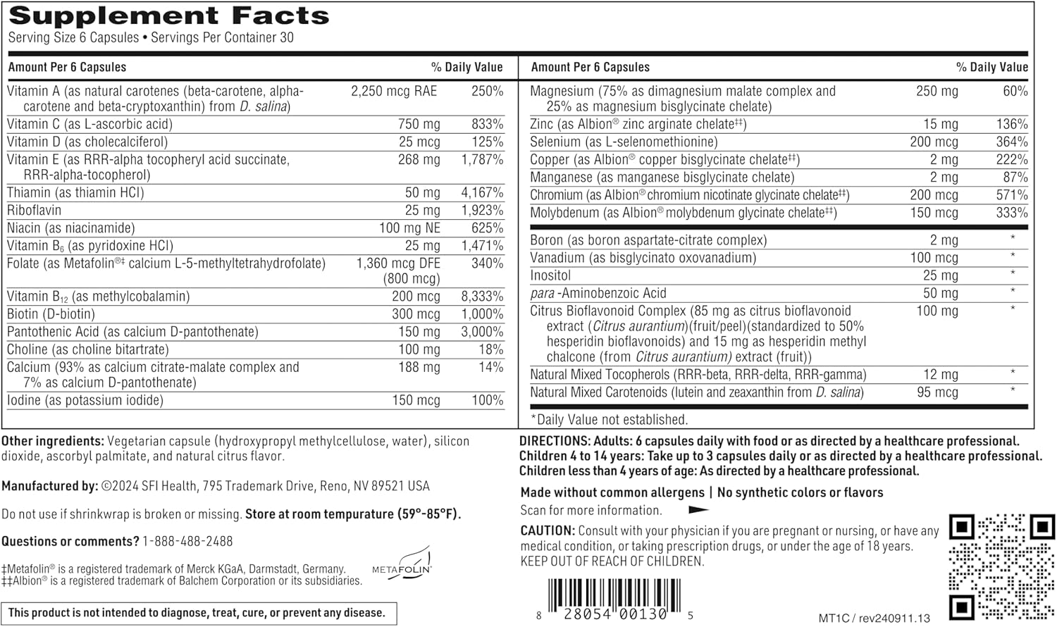 Klaire Labs SFI Health MultiThera 1 Iron-Free Multivitamin & Multimineral Capsule Formula with Essential Micronutrients - High Potency with Bioactive Folate & B12 - No Iron (180 Capsules)