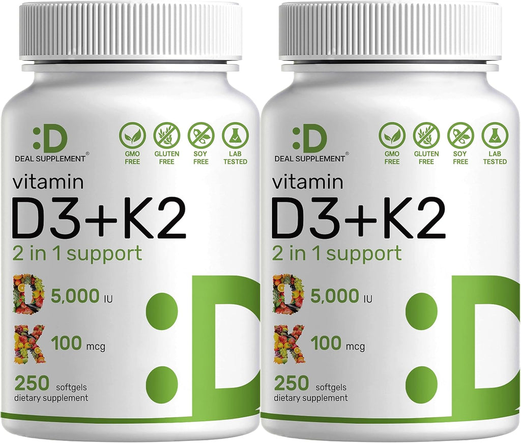 DEAL SUPPLEMENT 2 Pack Vitamin D3 5,000 IU + K2 MK7 Softgels, 500 Count | 2-in-1 Complex | Supports Heart, Bone, Teeth & Immune Health | Easy to Swallow